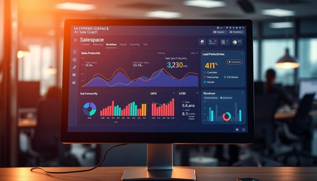 A desktop computer screen displaying a dynamic sales performance dashboard for the Hyperspace AI Sales Coach solution. The dashboard features colorful line graphs, pie charts, and KPI metrics that illustrate the transformation of sales team productivity, lead conversion rates, and revenue growth over time. The screen is bathed in a warm, focused light, creating a sense of professionalism and authority. In the background, a blurred office environment suggests a productive, goal-oriented workspace. The overall mood conveys a powerful, data-driven approach to optimizing sales performance.