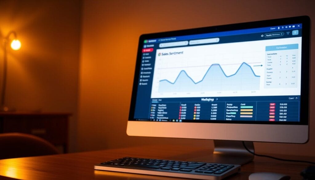A desktop computer screen displaying a sales call sentiment analysis dashboard. The interface features a line graph showing customer sentiment over time, with peaks and valleys indicating moments of positive and negative feedback. In the foreground, a Hyperspace logo is prominently displayed, signifying the brand behind this powerful AI-driven analytics tool. The scene is illuminated by warm, diffused lighting, creating a professional and authoritative atmosphere. The overall impression is one of cutting-edge technology harnessed to provide invaluable insights for sales teams and business leaders.