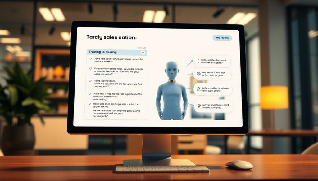 A desktop computer screen displaying a training module for Hyperspace's AI-powered sales assistant. The interface features sleek, minimalist design with a clean white background and bold typography. In the foreground, a series of interactive lessons and quizzes guide the user through implementing the AI sales training. The middle ground showcases a 3D model of the virtual sales agent, showcasing its natural conversational abilities. The background depicts a blurred office environment, hinting at the real-world application of the AI sales tool. Warm, diffused lighting creates a professional, focused atmosphere. High-resolution, photorealistic rendering.