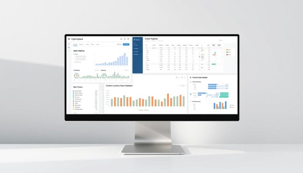 A desktop computer screen displaying a variety of no-code sales tools, including a Hyperspace dashboard, spreadsheet-style sales pipeline, and intuitive customer data visualization. The tools are arranged in a clean, minimalist layout against a neutral gray background, with soft directional lighting casting subtle shadows. The overall impression is one of efficiency, simplicity, and technological sophistication, perfectly suited for seamless sales enablement.