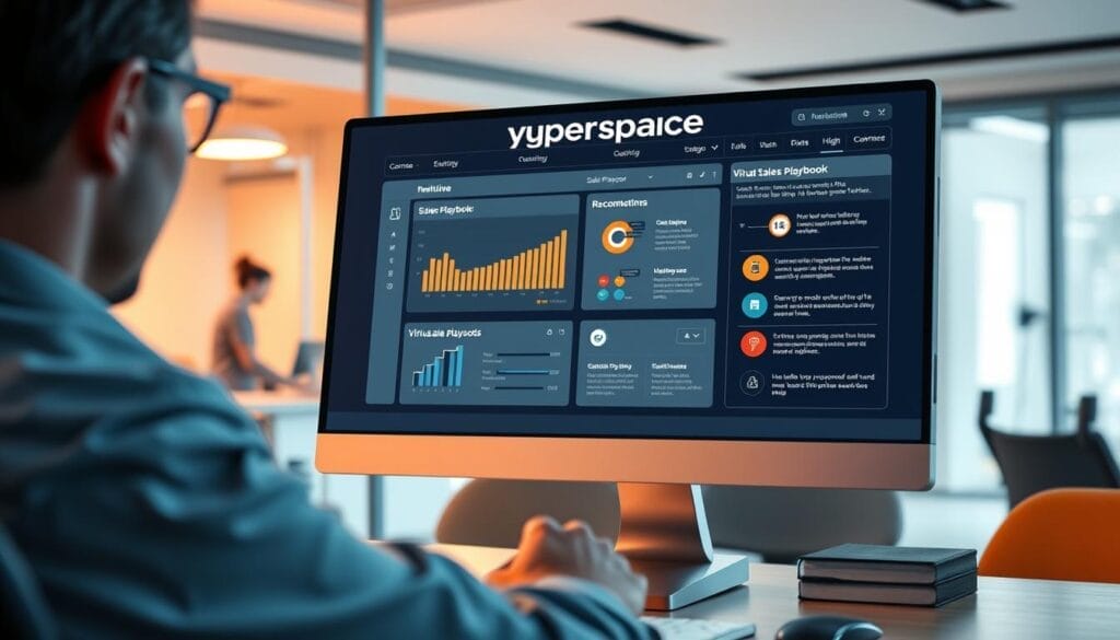 A desktop computer screen displays a sleek, modern software interface with the Hyperspace brand prominently featured. In the foreground, a sales representative engages with an intuitive AI-powered coaching tool, visualizing real-time sales data and performance metrics. The middle ground showcases a virtual sales playbook, highlighting recommended strategies and techniques tailored to the user's needs. The background subtly depicts a professional office setting, conveying a sense of productivity and collaboration. The overall scene exudes a clean, minimalist aesthetic with warm lighting and a focused, data-driven atmosphere.