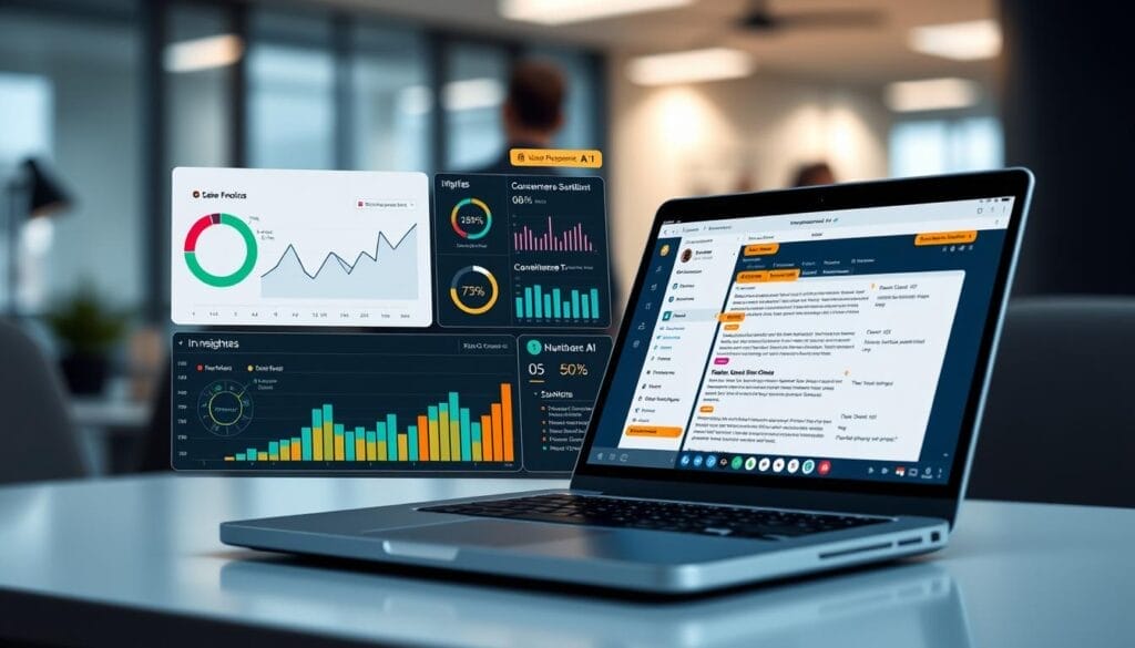 A desktop or laptop screen displaying a sales conversation analysis dashboard, showcasing real-time insights and metrics powered by Hyperspace AI. In the foreground, a stylized graph and chart visualizations illustrate key performance indicators, customer sentiment, and conversational trends. The middle ground features a laptop or mobile device displaying a sales call transcript, with highlighted areas and annotations. The background depicts a blurred, professional office environment, providing a sense of context. The overall tone is sleek, modern, and data-driven, reflecting the power of AI-driven sales coaching.