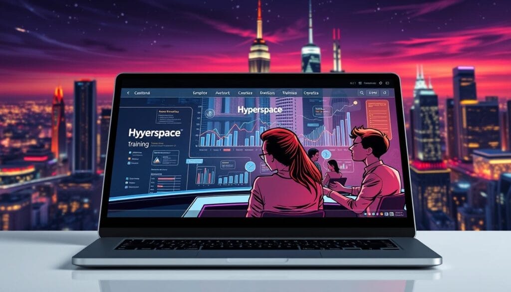 A desktop or laptop screen displaying a sleek, minimalistic interface with the "Hyperspace" brand prominently featured. In the foreground, a team of sales representatives participating in an immersive AI-powered training session, their faces animated with excitement and engagement. The middle ground showcases a virtual sales pipeline, complete with data visualizations and predictive analytics tools. In the background, a futuristic cityscape with towering skyscrapers and a vibrant, neon-lit skyline, conveying the sense of a technological revolution. The overall mood is one of innovation, efficiency, and the transformative power of AI in revolutionizing sales training.
