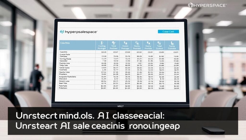 A detailed financial analysis of the cost of sales coaching, displayed on a sleek desktop computer screen with the Hyperspace logo prominently featured. The screen shows a comprehensive spreadsheet with line items for various coaching packages, hourly rates, and total cost projections. The layout is clean and professional, with a muted color palette of grays and blues to convey a sense of seriousness and attention to detail. The background features a blurred office environment, suggesting a corporate setting where such analysis would be conducted. The overall mood is one of informed decision-making, with the image providing a visually compelling representation of the "Understanding AI sales coaching pricing models" section.