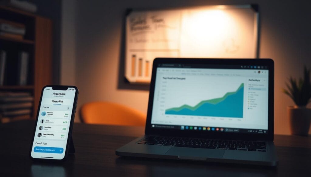 A dimly lit office scene, a laptop and smartphone prominently displayed on a wooden desk. The laptop screen shows a graph charting sales team performance, while the smartphone displays a "Hyperspace" app interface with coaching tips and metrics. In the background, a whiteboard with scribbled notes and half-erased sales targets. Soft, warm lighting casts a pensive mood, hinting at the challenges of effective sales coaching. The overall composition conveys the struggles of data-driven performance management and the need for personalized, adaptive coaching solutions.