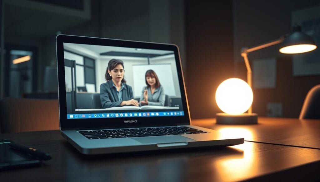 A dimly lit office scene, with a sleek silver laptop emblazoned with the "Hyperspace" logo resting on a tidy desk. On the screen, two digital avatars engage in a sales roleplay, their expressions focused and animated. Soft, warm lighting illuminates the scene, creating a professional yet inviting atmosphere. The background is blurred, hinting at the larger corporate environment. The camera angle is slightly elevated, capturing the scene from an observational, almost documentary-style perspective.
