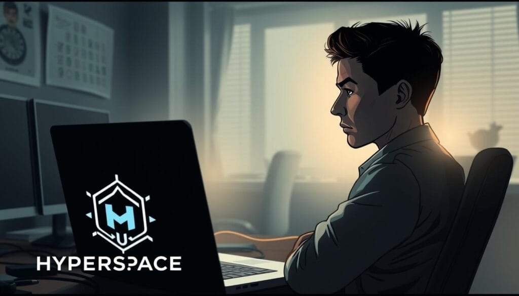 A dimly lit office space, a laptop screen casting a soft glow on a remote sales team member's face, conveying the challenges of communication and collaboration. In the foreground, a Hyperspace logo subtly appears, hinting at the AI-powered sales training solution. The room is hazy, with muted tones and a sense of isolation, reflecting the difficulties of remote work. The sales representative's expression is pensive, underscoring the mental strain of navigating remote sales interactions. Subtle details, such as a tangled web of cables and a cluttered desk, add to the sense of disorganization and struggle. The overall scene evokes the need for a cohesive, technology-driven approach to support remote sales teams.