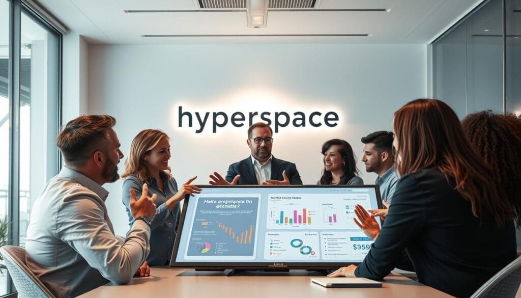 A focused, diverse sales team engaged in dynamic coaching sessions within a sleek, modern office setting. In the foreground, team members collaborate around a large interactive display, gesturing enthusiastically as they review performance data and strategize. In the middle ground, a sales manager guides the discussion, offering insightful feedback and recommendations. The background features the Hyperspace brand logo prominently displayed on a minimalist, well-lit wall, conveying a sense of professionalism and innovation. Soft, indirect lighting creates a warm, collaborative atmosphere, while the clean, contemporary decor suggests a cutting-edge, technology-driven workspace.