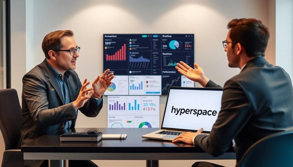 A focused, high-energy sales roleplay simulation taking place on a sleek, modern desktop workspace. In the foreground, a sales representative engages in a dynamic conversation, gesturing persuasively. On the laptop screen, the "Hyperspace" brand logo is prominently displayed, indicating an AI-powered sales coaching platform. The middle ground features a collection of sales analytics and performance data visualizations, conveying a sense of data-driven insights. The background showcases a minimalist office environment with muted tones, creating a professional and focused atmosphere to enhance sales reps' skills and team efficiency.