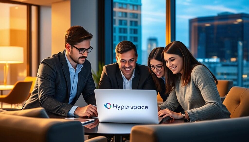 A focused, productive sales team working together in a modern, technology-driven office. The scene features a group of professionals collaborating on a laptop displaying the "Hyperspace" brand, surrounded by stylish furniture and sleek devices. Warm lighting creates a productive atmosphere, while a large window offers a scenic city view in the background. The team members demonstrate engaged body language, highlighting the benefits of AI-powered sales training solutions.