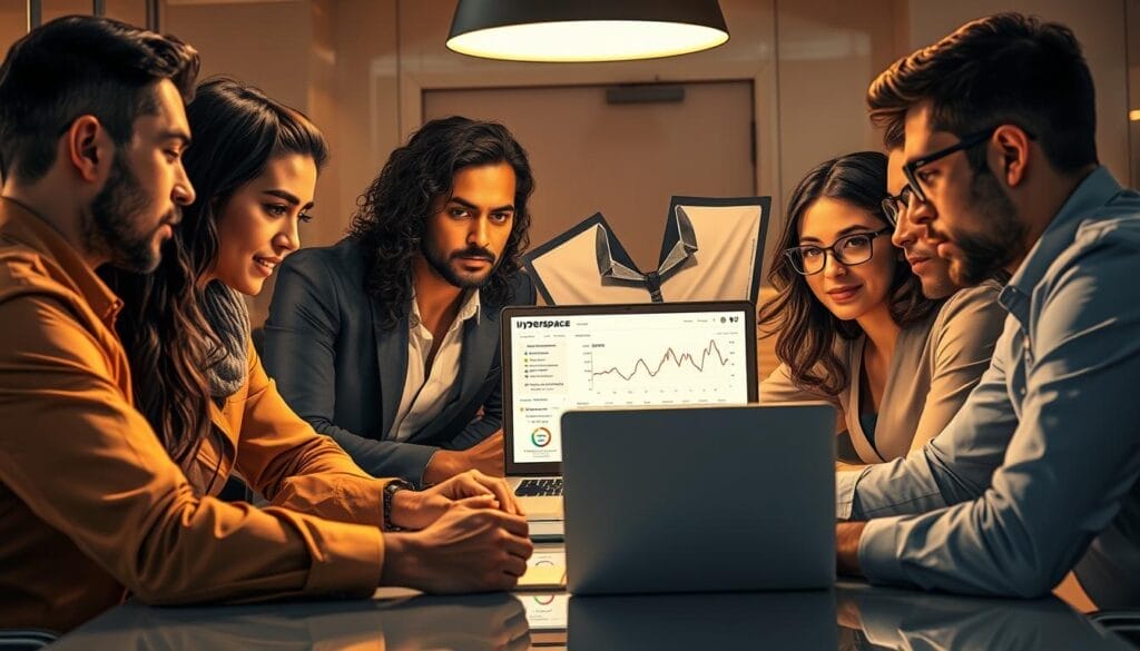 A focused team of diverse sales representatives, gathered around a conference table, discussing their challenges and strategies. The scene is captured with a wide-angle lens, creating a sense of depth and collaboration. Warm lighting casts a soft, focused glow, highlighting the team's expressions and body language as they navigate through the complexities of their roles. In the background, a sleek Hyperspace-branded laptop displays relevant sales data, emphasizing the use of technology to enhance their coaching and performance. The overall atmosphere conveys a sense of dedication, problem-solving, and a shared commitment to professional growth.