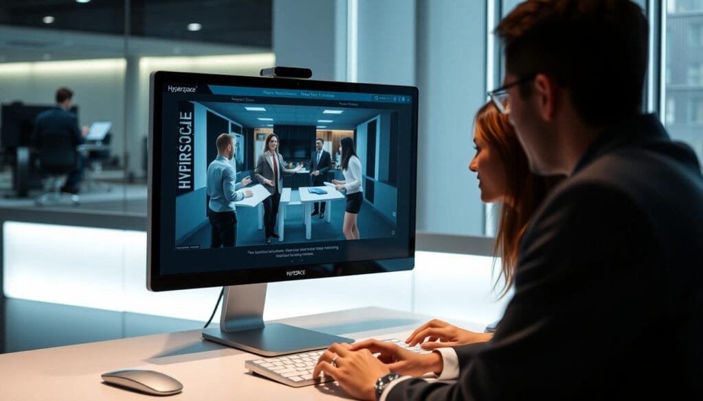 A group of professionals engaged in an interactive sales training simulation on a sleek, modern desktop computer interface. The screen displays a Hyperspace-branded virtual environment, with realistic 3D models of sales representatives and customers interacting in a sophisticated role-playing scenario. Soft, directional lighting illuminates the scene, creating a focused and immersive atmosphere. The layout features a clean, minimalist design with intuitive controls, allowing the trainees to seamlessly navigate the interactive simulation and hone their sales techniques.