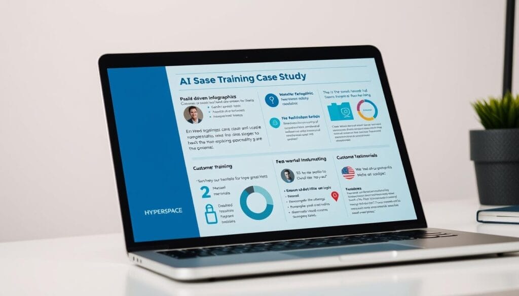 A high-resolution, close-up view of a laptop or mobile device displaying a set of AI sales training case studies for a B2B audience. The device screen shows the Hyperspace brand logo and showcases detailed, data-driven infographics, charts, and customer testimonials highlighting successful real-world AI sales training implementations. The screen is well-lit, with a clean, modern design and a professional, authoritative tone. The device is placed on a minimalist desk or workspace, with a neutral background that emphasizes the content on the screen.