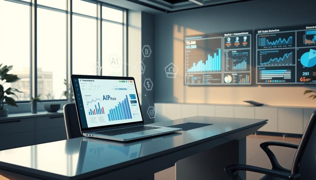 A high-tech office setting with a large, modern desk featuring a laptop displaying the "Hyperspace" brand logo. On the desk, various sales analytics charts and graphs are projected holographically, showcasing AI-driven insights. The room is bathed in a soft, ambient light, creating a professional and forward-thinking atmosphere. In the background, a sleek, minimalist wall display presents additional sales data and AI-powered recommendations. The overall scene conveys the transformative power of AI in streamlining and optimizing B2B sales processes.