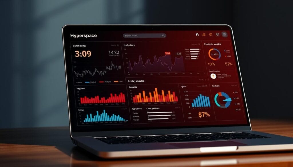 A highly detailed, hyper-realistic rendering of an AI-powered sales forecasting dashboard displayed on a modern laptop or desktop computer screen. The dashboard features sophisticated graphs, charts, and predictive analytics visualizing historical sales data and forecasting future performance. The interface has the "Hyperspace" brand prominently displayed, conveying a sleek, cutting-edge aesthetic. The scene is illuminated by natural-looking directional lighting, creating depth and dimension. The overall tone is one of data-driven intelligence and strategic business insights.