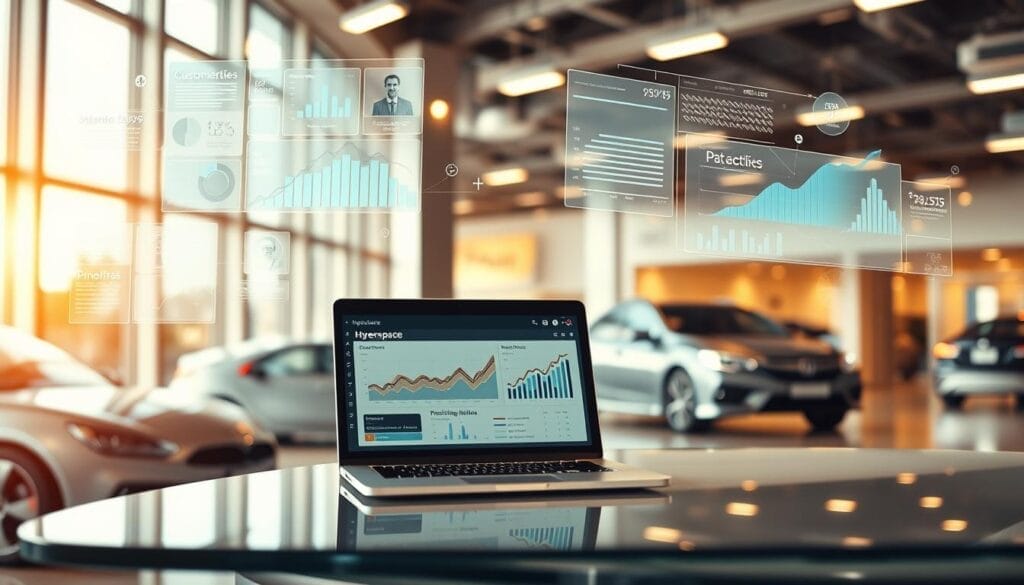 A modern car dealership showroom, bathed in warm, diffused lighting. On a sleek, glass-topped desk, a laptop displays a detailed customer data analysis dashboard, branded with the "Hyperspace" logo. Surrounding the desk, holographic projections hover, showcasing customer profiles, sales trends, and predictive insights. The scene conveys a sense of sophisticated, data-driven decision making, where technology and human expertise converge to optimize the car buying experience.