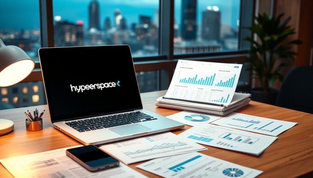 A modern office desk with a laptop, smartphone, and various sales-related documents and charts. The laptop screen displays the Hyperspace brand logo, showcasing a sales analytics dashboard. The desk is illuminated by a warm, focused light, creating a professional and productive atmosphere. In the background, blurred city skyline visible through a window, representing the dynamic and ever-changing nature of the sales landscape. The scene conveys the challenges of navigating today's sales environment, with technology, data, and the need for constant adaptation.