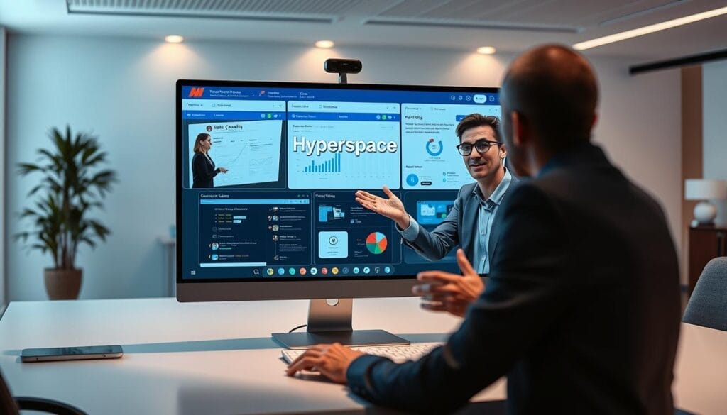 A modern office setting, a desktop or laptop screen displaying a sales coaching session in progress. The screen features the Hyperspace brand logo prominently. In the foreground, a sales representative is engaged in a video call, gesturing animatedly as they receive guidance from a sales coach. The middle ground showcases collaboration tools, analytics dashboards, and productivity apps, all working in harmony to enhance the coaching experience. The background depicts a minimalist, well-lit workspace with clean lines and subtle accent lighting, creating a professional and focused atmosphere.