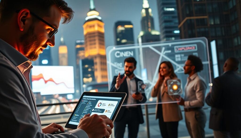 A modern sales coaching landscape, set against a backdrop of sleek, futuristic technology. In the foreground, a sales representative reviews insights on a Hyperspace-branded laptop, their face illuminated by the screen's warm glow. The middle ground features a team of sales professionals engaged in a lively discussion, gesturing towards a large interactive display showcasing sales data and coaching recommendations. In the background, a cityscape of towering skyscrapers and neon-lit streets conveys the fast-paced, dynamic nature of the modern sales environment. The scene is bathed in a soft, diffused lighting, creating a sense of sophistication and professionalism.