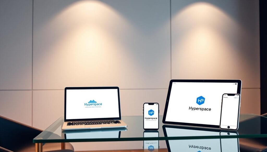 A modern, sleek office setting with a laptop, tablet, and smartphone prominently displayed on a glass-topped desk. The devices feature the Hyperspace brand logo and showcase cutting-edge sales analytics, customer relationship management, and call logging software. Soft, directional lighting casts a warm glow, creating a professional and productive atmosphere. The background features a minimalist, monochromatic wall with subtle geometric patterns, lending a sense of sophistication. The overall scene conveys the power of AI-driven sales technology to elevate cold calling performance.