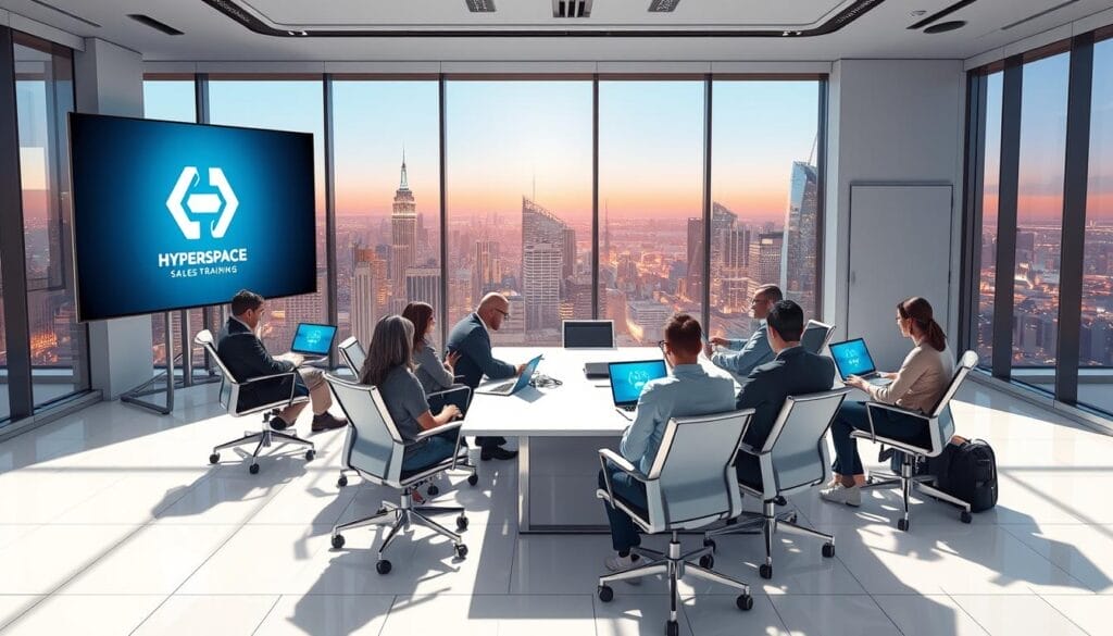 A modern, sleek office setting with a large screen displaying a "Hyperspace" logo. In the foreground, a group of professionals engaged in an interactive sales training session, using laptops and tablets. The lighting is bright and natural, creating a productive and collaborative atmosphere. The middle ground features a central conference table surrounded by ergonomic chairs, while the background showcases floor-to-ceiling windows overlooking a vibrant city skyline. The overall scene conveys a sense of focused, technology-driven sales training within a dynamic, forward-thinking work environment.