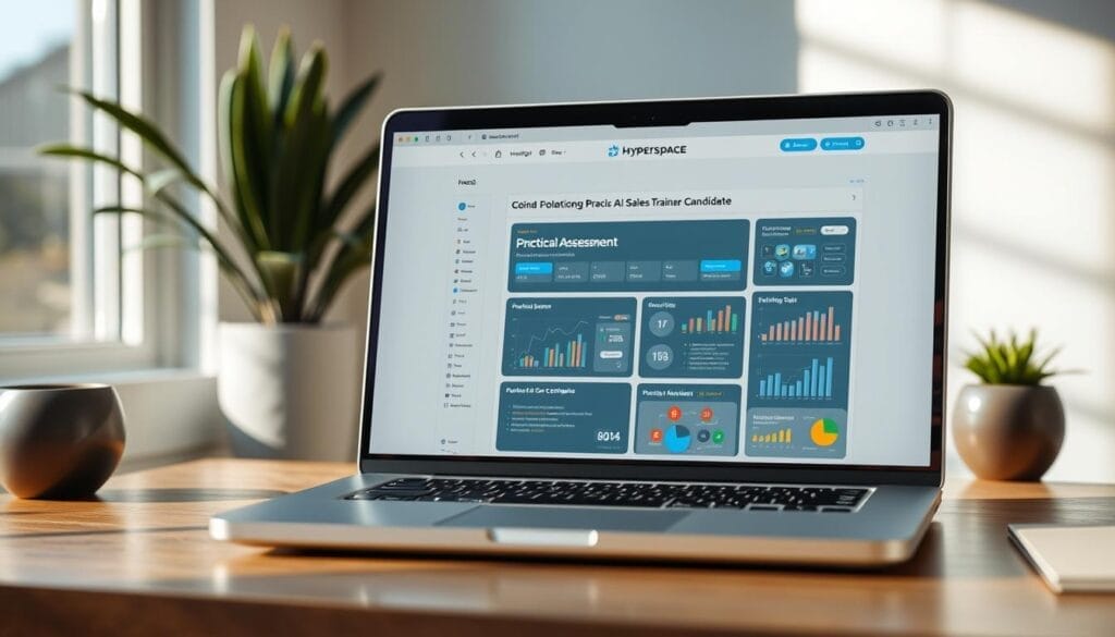 A professional, modern-looking desktop or laptop display showcasing a practical assessment for an AI sales trainer candidate. The screen features the Hyperspace brand logo and a visually engaging interface with interactive elements, charts, and data visualizations. The scene conveys a sense of technology, analysis, and evaluation, with a clean, minimalist aesthetic and natural lighting. The overall mood is one of thoughtful assessment and informed decision-making.
