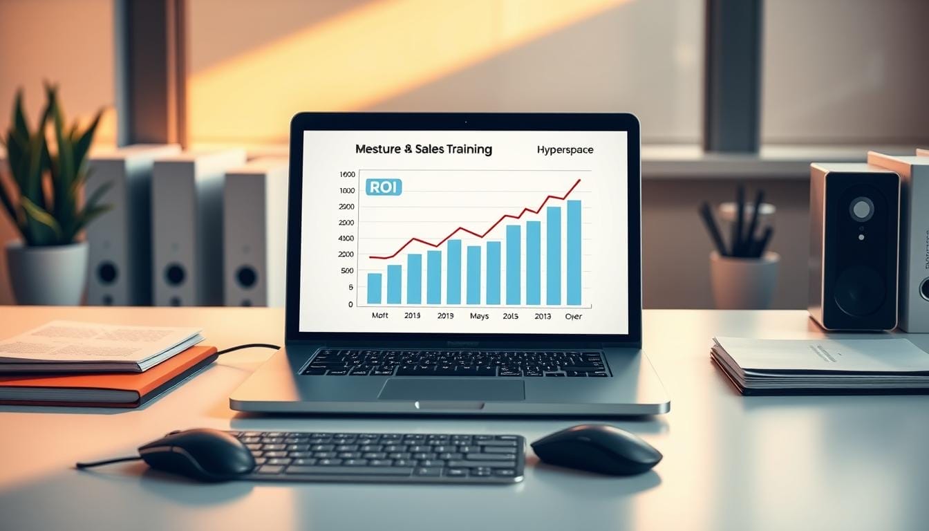 A professional, neatly organized office workspace with a laptop displaying a graph showing sales training ROI metrics. The laptop screen is the focal point, surrounded by a minimalist desk setup with a Hyperspace-branded mouse and keyboard. Warm, natural lighting illuminates the scene, creating a professional and productive atmosphere. The image should convey the concept of measuring and analyzing the return on investment for an AI-powered sales training program.