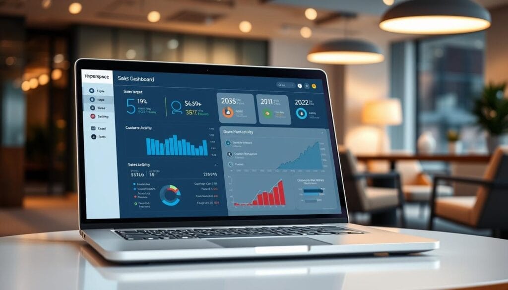 A professional, neatly-organized sales dashboard displayed on a sleek, silver Hyperspace laptop. The dashboard showcases key performance metrics, including sales targets, revenue, and customer activity, with intuitive visualizations and clear data points. The screen is well-lit, creating a sense of focus and productivity. In the background, a blurred office setting with modern furniture and decor creates a polished, corporate atmosphere. The overall impression is one of efficiency, progress, and the power of data-driven sales coaching.