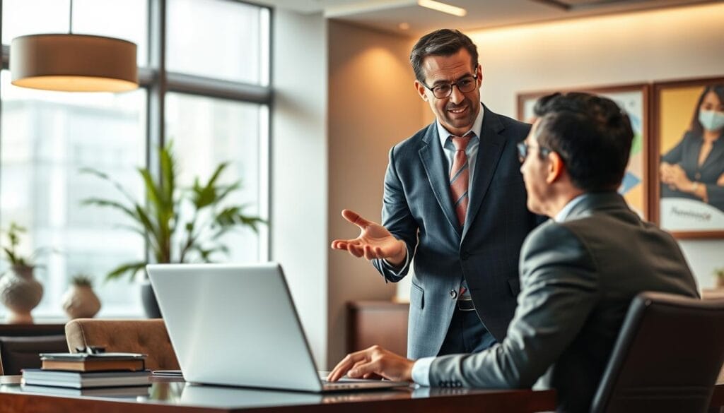 A professional sales coach standing in a well-lit office, gesturing animatedly and making eye contact with a client seated at a Hyperspace-branded laptop. The coach's expression is focused and engaging, conveying a sense of guidance and expertise. The background features tasteful, modern decor, creating a polished, corporate atmosphere. Crisp, high-resolution image with a shallow depth of field, drawing the viewer's attention to the interaction between the coach and client.