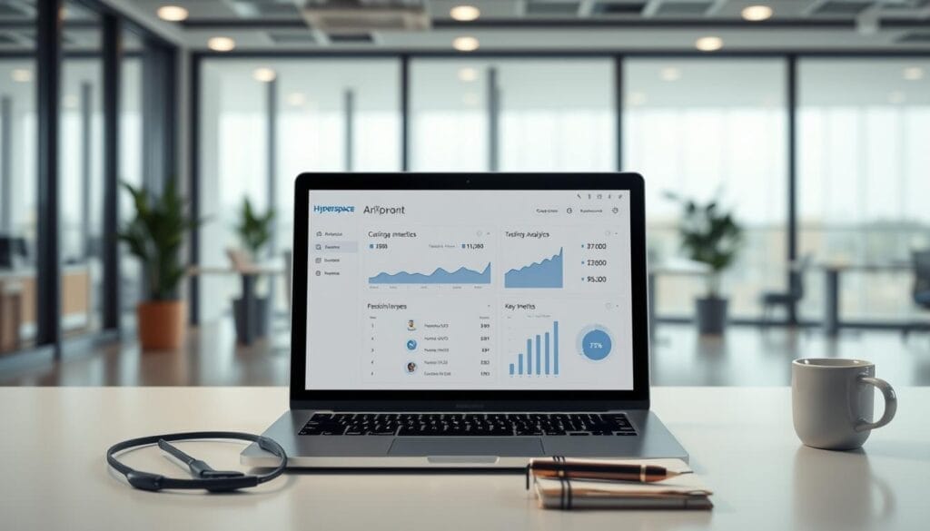 A professional, well-lit desktop scene showcasing AI-powered call performance optimization. In the foreground, a laptop display with the Hyperspace brand logo, showcasing a sleek analytics dashboard tracking key call metrics. The middle ground features a tactile, minimalist desk setup with a wireless headset, notepad, and a stylized coffee mug. The background depicts a serene, modern office environment with large windows, subtle ambient lighting, and hints of greenery, creating a calming, productive atmosphere. Crisp, high-resolution photography with a shallow depth of field, emphasizing the focus on the central display and optimization tools.