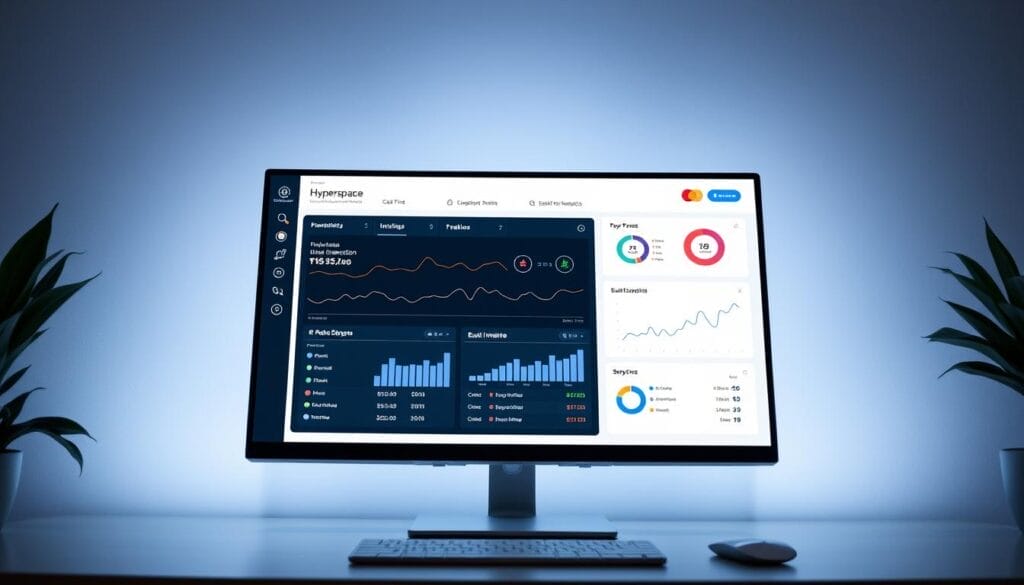 A real-time call analytics dashboard featuring the Hyperspace brand displayed on a sleek, modern desktop monitor. The dashboard showcases a clean, minimalist design with intuitive data visualizations, including line graphs, pie charts, and metrics tracking key call performance indicators. The dashboard is illuminated by soft, indirect lighting, creating a professional and focused atmosphere. The layout is well-organized, with clearly labeled sections and a balance of text and graphical elements. The overall impression is one of a powerful, AI-driven sales coaching platform that provides valuable insights to drive business growth.