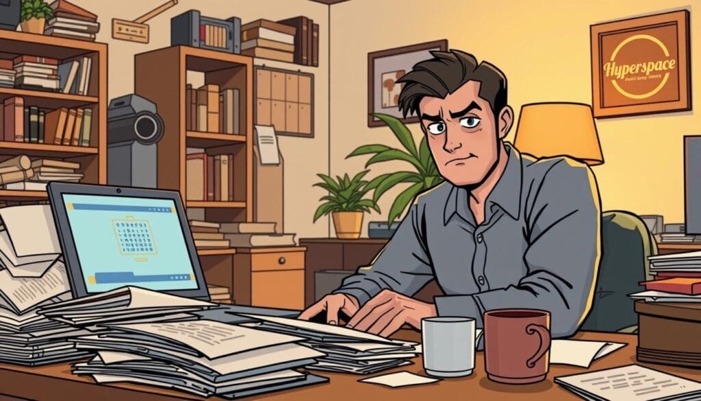 A remote sales team struggles with outdated training methods, a distracted home environment, and technical difficulties. In the foreground, a salesperson sits at a desk, laptop open, surrounded by piles of papers and a mug of coffee. The middle ground features a presentation slide on their screen, hinting at the content of their training. In the background, a cluttered home office setting with a bookshelf, potted plant, and a framed "Hyperspace" logo on the wall. Soft, warm lighting creates a cozy yet focused atmosphere, but the salesperson's furrowed brow suggests the challenges of remote learning.