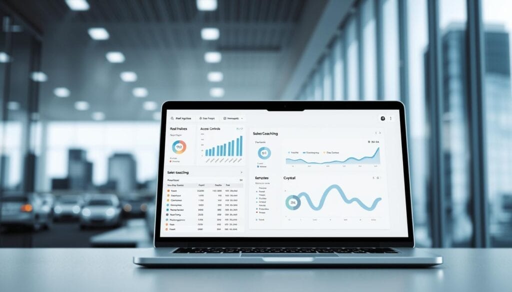 A secure, well-organized data management system for sales coaching, displayed on a sleek Hyperspace desktop interface. In the foreground, a modern dashboard showcases real-time analytics, access controls, and encrypted data streams. In the middle ground, a laptop screen presents a detailed sales coaching report, protected by robust security protocols. The background features a blurred cityscape, conveying a sense of professionalism and innovation. Soft, directional lighting creates depth and highlights the crisp, minimalist design. The overall mood is one of confidence, reliability, and technological sophistication.