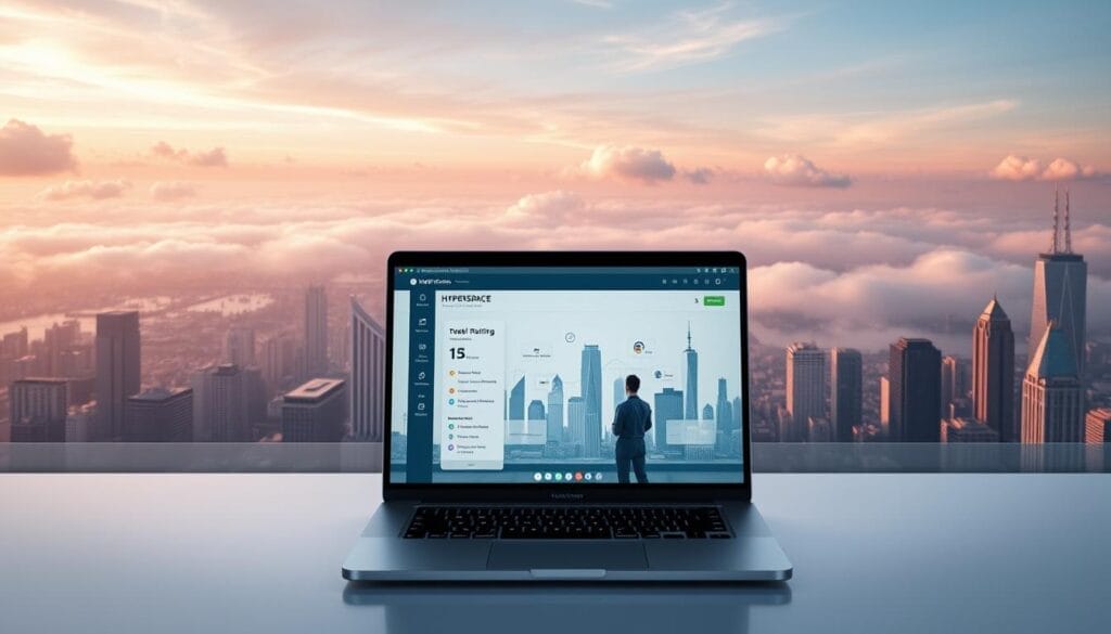 A serene, futuristic landscape of the AI sales coaching ecosystem. In the foreground, a sleek, minimalist laptop display showcases the Hyperspace AI sales coaching platform, its intuitive interface guiding a sales representative through interactive training sessions. In the middle ground, a bustling city skyline reflects the dynamic, data-driven world of modern sales, with skyscrapers and holograms. The background features a vast, cloud-filled sky, symbolizing the boundless potential of AI-powered sales transformation. Soft, directional lighting casts a warm, contemplative glow, conveying the sense of innovation and progress inherent in this evolving sales landscape.