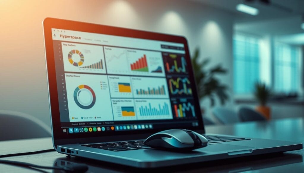 A sleek Hyperspace-branded laptop display showcases a data analysis dashboard. In the foreground, intricate charts and graphs present key insights, their colors and contours reflecting the strategic mindset. The middle ground features a tactile, ergonomic mouse and keyboard, hinting at the hands-on process of deriving meaning from data. The background subtly blurs into a clean, minimalist office setting, conveying a sense of focus and professionalism. Soft, directional lighting from the side casts a warm, contemplative glow over the scene, emphasizing the analytical power of the Hyperspace platform.