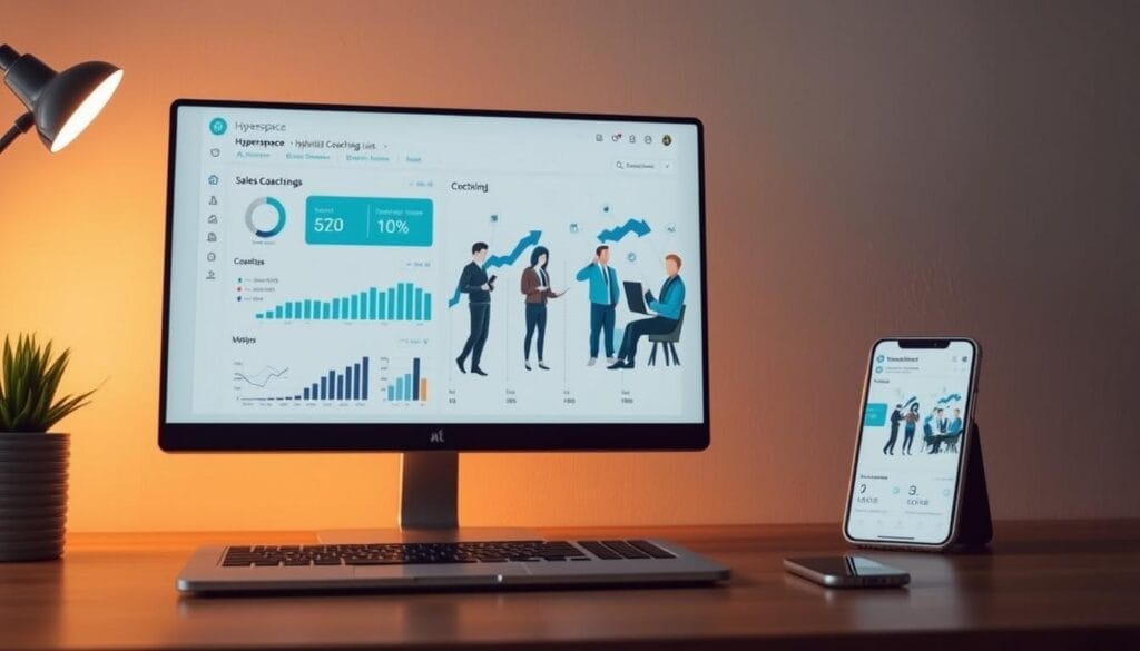 A sleek and minimalist desktop display showcases a hybrid sales coaching model interface for the Hyperspace AI platform. In the foreground, a laptop screen displays an interactive dashboard with customizable analytics and performance metrics. The middle ground features a team of stylized sales representatives engaged in virtual coaching sessions, conveying a collaborative and dynamic atmosphere. In the background, a mobile device highlights the seamless integration of the Hyperspace hybrid coaching solution across multiple devices and platforms. Warm, muted lighting and a clean, professional aesthetic create a visually striking and convincing scene.