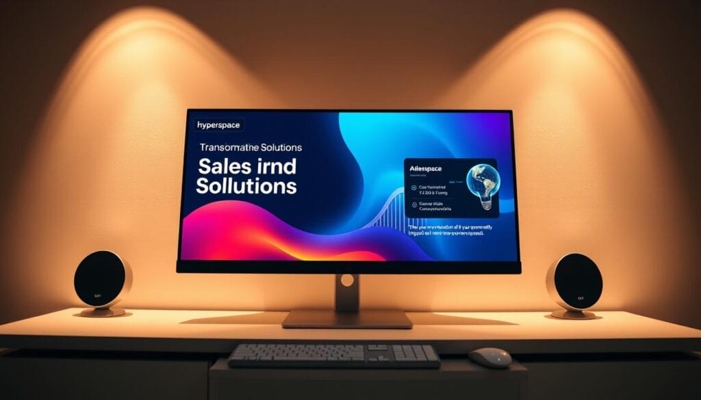 A sleek and minimalist desktop display showcases a striking presentation on "Sales Training Solutions" by the innovative brand Hyperspace. The presentation slides feature elegant typography, vibrant color palettes, and impactful visuals that capture the transformative power of AI-driven sales training. The desktop environment is bathed in warm, directional lighting, creating a professional and inviting atmosphere. The display is viewed from a slightly elevated angle, conveying a sense of authority and expertise. The overall mood evokes a seamless fusion of technology, strategy, and human potential, perfectly aligning with the article's focus on "Conversational AI Sales Training: Revolutionizing Your Team."