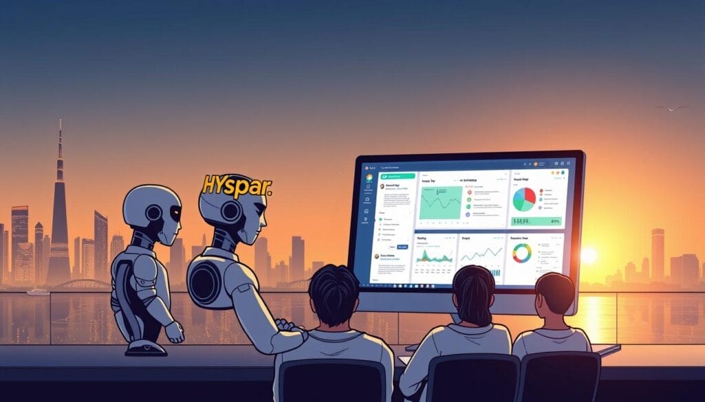 A sleek and minimalist desktop display showcases a vibrant "Hyperspace" logo, surrounded by an array of sophisticated sales training tools. In the foreground, a stylized AI assistant guides a team through interactive lessons, their faces illuminated by the soft glow of the screen. The middle ground features a clean, modern interface with intuitive data visualizations and performance metrics. In the background, a serene, futuristic cityscape hints at the global reach and cutting-edge technology of this SaaS AI sales training platform.