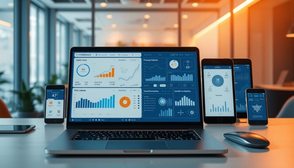 A sleek and minimalist desktop display showcasing a suite of "Hyperspace" sales performance tools. In the foreground, a laptop screen displays a clean dashboard with interactive charts, graphs, and analytics. Surrounding it, a selection of mobile devices and tablet screens present additional metrics and insights. The middle ground features elegant icons and UI elements, hinting at the powerful AI-driven features. The background is a softly blurred, professional office environment, creating a sense of productivity and focus. Warm, directional lighting illuminates the scene, emphasizing the high-tech, forward-thinking nature of the "Hyperspace" sales toolkit.
