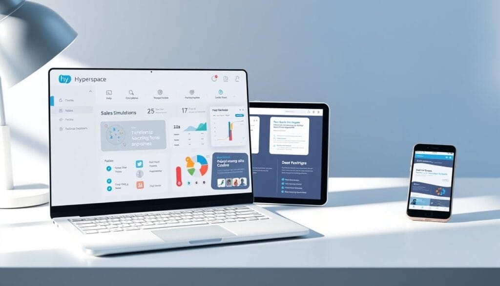 A sleek and minimalist desktop display showcasing the key features of the "Hyperspace" B2B AI sales training platform. In the foreground, a laptop screen displays a clean user interface with intuitive controls and data visualizations. The middle ground features a tablet device demonstrating interactive sales simulations and coaching tools. In the background, a smartphone screen highlights mobile accessibility and on-the-go learning. The scene is bathed in a soft, natural lighting that creates a professional and inviting atmosphere, conveying the platform's effectiveness and ease of use.