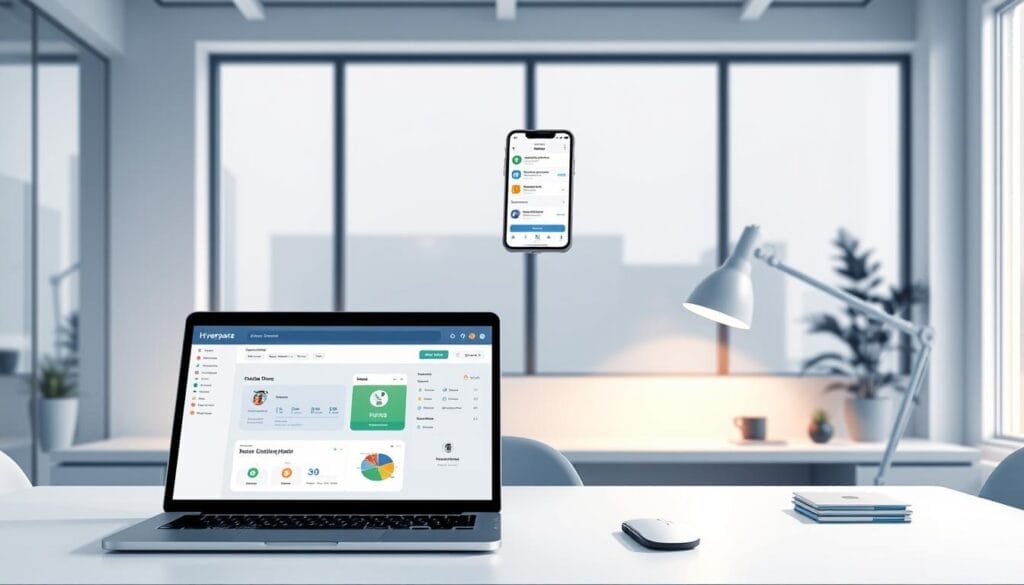 A sleek and minimalist desktop interface showcasing a suite of "Hyperspace" AI sales training tools. In the foreground, a laptop screen displays an interactive dashboard with intuitive controls and data visualizations. Floating above it, a mobile device presents a mobile-optimized version of the training platform. The middle ground features a clean, well-lit work environment with a neatly organized desk, subtle ambient lighting, and a sense of professionalism. The background suggests a modern, technology-forward office setting, with large windows providing a calming, natural ambiance. The overall tone conveys an easy-to-use, streamlined AI sales training experience tailored for small teams.