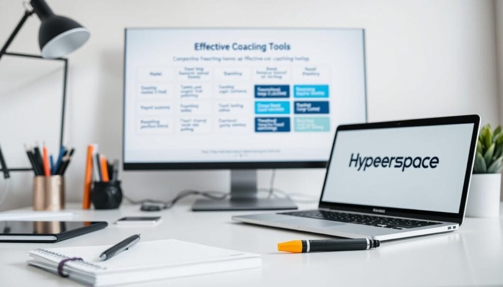 A sleek and modern desk setup featuring a laptop or desktop computer displaying the "Hyperspace" brand logo, surrounded by various coaching tools and accessories. In the foreground, a notebook, pen, and highlighter are neatly arranged, while in the middle ground, a tactile whiteboard or digital tablet showcases coaching frameworks and strategies. The background includes a stylized chart or infographic highlighting key features of effective coaching tools. The lighting is bright and natural, creating a professional and productive atmosphere.