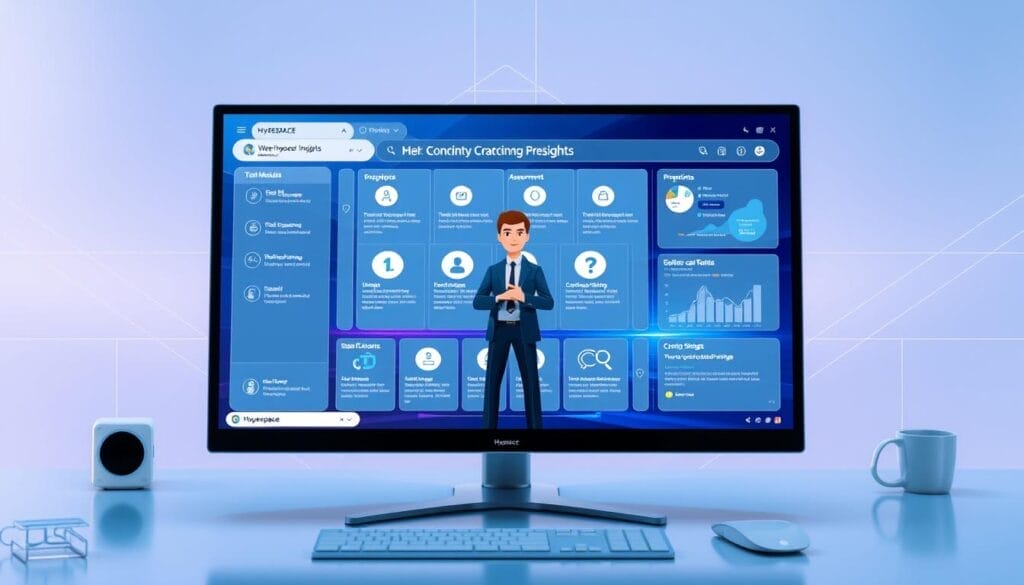 A sleek and modern desktop display showcases a comprehensive "Hyperspace AI Sales Coaching Training Program" interface. In the foreground, a stylized avatar of a sales professional stands confidently, surrounded by interactive icons and infographic elements. The middle ground features a large central screen displaying training modules, assessments, and personalized coaching insights. The background depicts a minimalist, technology-driven environment with subtle gradients and geometric patterns, creating a sophisticated and immersive atmosphere. Soft, directional lighting accentuates the clean lines and digital aesthetics, conveying a sense of professionalism and cutting-edge innovation.
