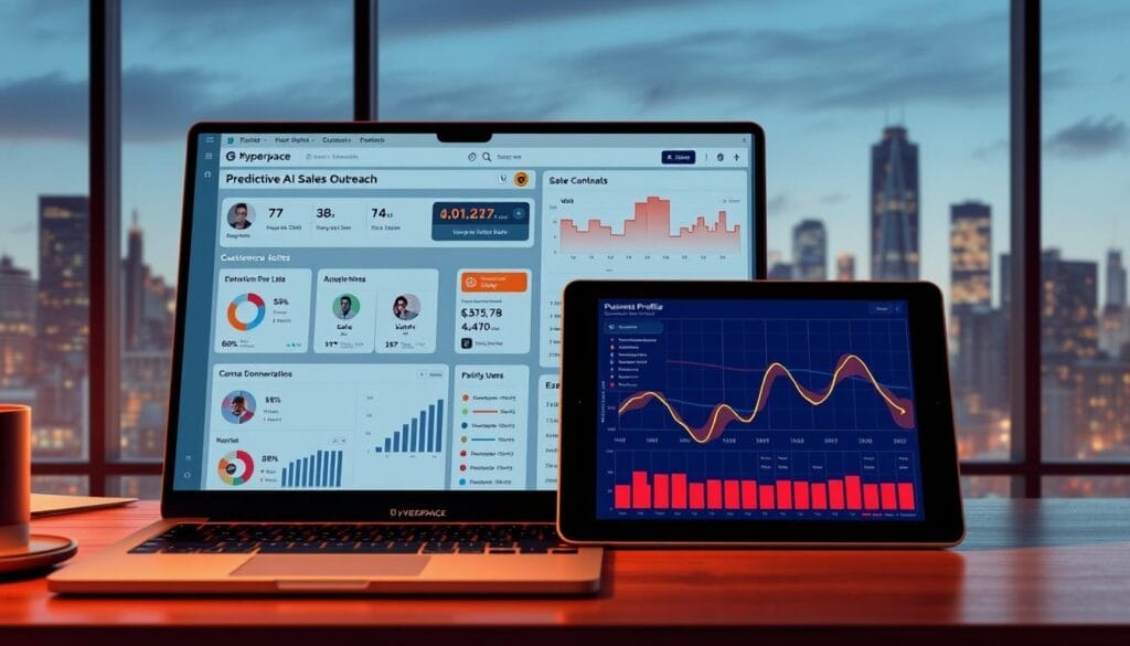 A sleek and modern desktop display showcases a predictive AI sales outreach interface. In the foreground, a laptop screen displays a Hyperspace platform dashboard with detailed customer profiles, sales metrics, and AI-generated recommendations. In the middle ground, a tablet displays a heatmap of potential sales leads, color-coded by likelihood to convert. The background features a stylized cityscape, conveying a sense of data-driven, forward-thinking sales strategy. The scene is illuminated by warm, focused lighting, creating a professional and authoritative atmosphere.
