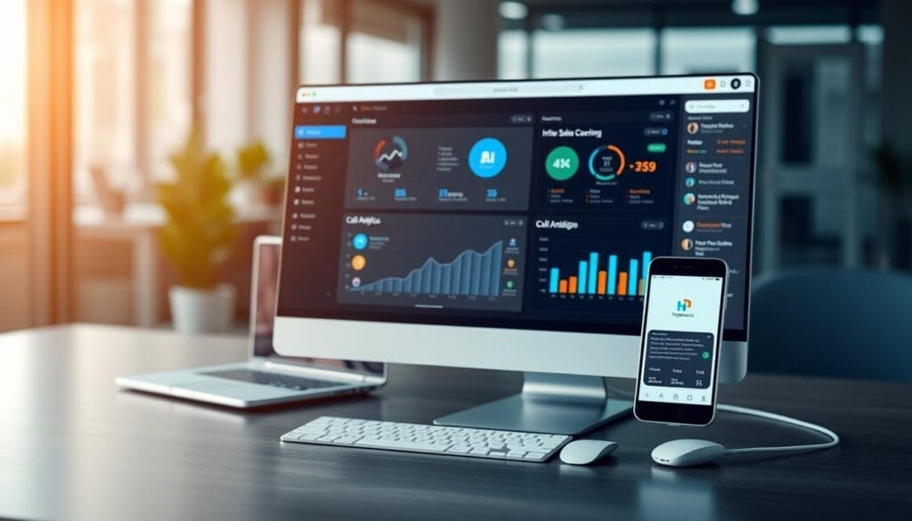 A sleek and modern desktop display showcases a suite of AI-powered sales coaching tools. In the foreground, the Hyperspace brand logo stands out, conveying a sense of advanced technology. The screen features intuitive dashboards, detailed call analytics, and personalized coaching recommendations, all presented with a clean, minimalist aesthetic. The middle ground depicts a laptop and smartphone, hinting at the cross-device functionality of these AI sales tools. In the background, a blurred office setting suggests a professional, enterprise-level solution. Warm lighting and subtle gradients create a high-quality, premium visual impression, emphasizing the cutting-edge nature of these AI sales coaching tools.