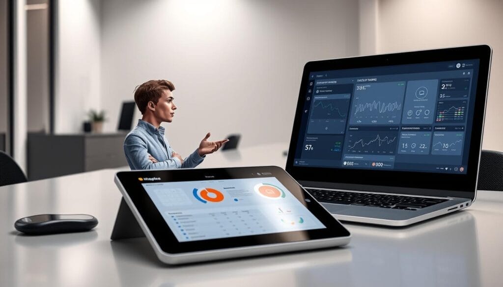 A sleek and modern desktop display showcases the Hyperspace AI sales role-play platform. In the foreground, a laptop screen displays a realistic 3D avatar engaged in a dynamic sales conversation, its gestures and facial expressions conveying a sense of lifelike interaction. The middle ground features a tablet device, its screen revealing intuitive analytics and performance metrics for the simulated sales scenario. In the background, a minimalist office setting with clean lines and subtle lighting creates a professional, tech-forward atmosphere. The overall scene conveys the seamless integration of AI-powered training and the immersive, data-driven nature of the Hyperspace platform.
