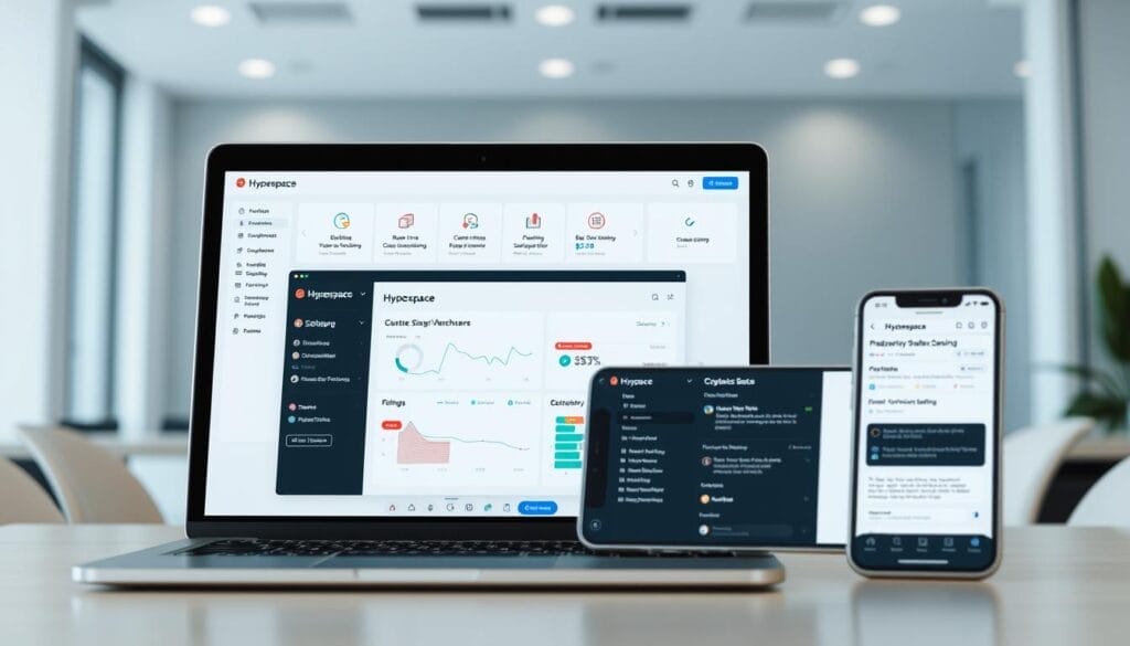 A sleek and modern desktop display showcasing a suite of intuitive AI-powered sales coaching tools. In the foreground, a laptop screen displays the "Hyperspace" brand logo, surrounded by a minimalist interface with customizable dashboards, real-time performance analytics, and personalized coaching recommendations. In the middle ground, a mobile device provides access to the same suite of tools, allowing seamless on-the-go sales coaching. The background features a clean, office-like setting with subtle lighting and a sense of professionalism, emphasizing the enterprise-ready nature of these AI sales coaching solutions.