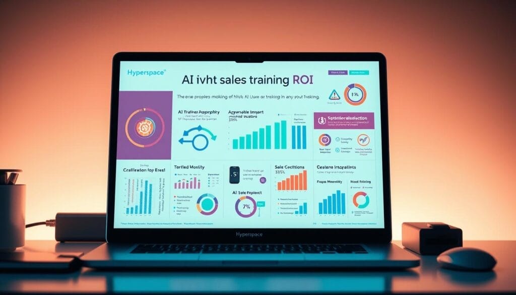 A sleek and modern desktop display showcasing a visually compelling presentation on "AI Sales Training ROI". The scene features a Hyperspace-branded laptop or tablet, its screen filled with dynamic infographics, charts, and data visualizations highlighting the measurable impact of AI-powered sales training. The presentation is backlit by a soft, ambient lighting, creating a professional and immersive atmosphere. The layout is clean, minimalist, and optimized for maximum information density and visual impact. The overall impression conveys a sense of data-driven insights, technological innovation, and the promise of boosting sales performance through AI-enhanced training.