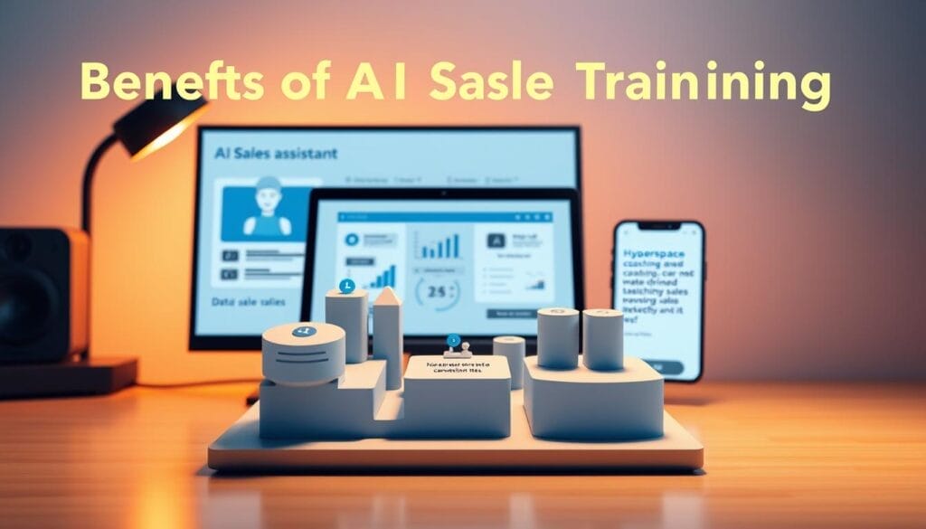 A sleek and modern desktop display showcasing the "Benefits of AI Sales Training" by Hyperspace. In the foreground, a stylized, three-dimensional infographic highlights key advantages such as personalized coaching, data-driven insights, and improved sales conversion rates. The middle ground features a laptop screen displaying an AI sales assistant in action, surrounded by charts and analytics. In the background, a mobile device displays a customer testimonial praising the effectiveness of Hyperspace's AI-powered sales training program. Warm, soft lighting creates a professional and inviting atmosphere, while a subtle gradient background reinforces the digital, technology-driven nature of the scene.
