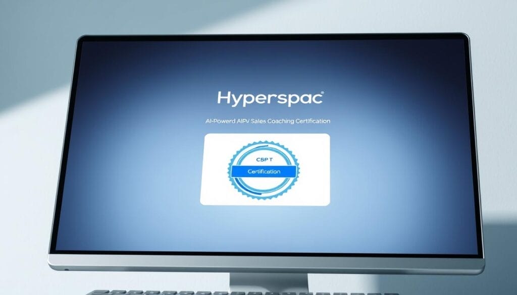 A sleek and modern desktop display showcasing the "Hyperspace AI-Powered Sales Coaching Certification" program. The screen features a clean, minimalist layout with a prominent Hyperspace logo and a visually striking certification badge. The certification is presented against a subtle gradient background, creating a sense of depth and professionalism. The overall aesthetic conveys a digital, tech-savvy atmosphere, reflecting the AI-powered nature of the coaching program. The image is captured from a slightly elevated angle, giving it an authoritative and aspirational feel, inviting the viewer to explore the benefits of this certification.